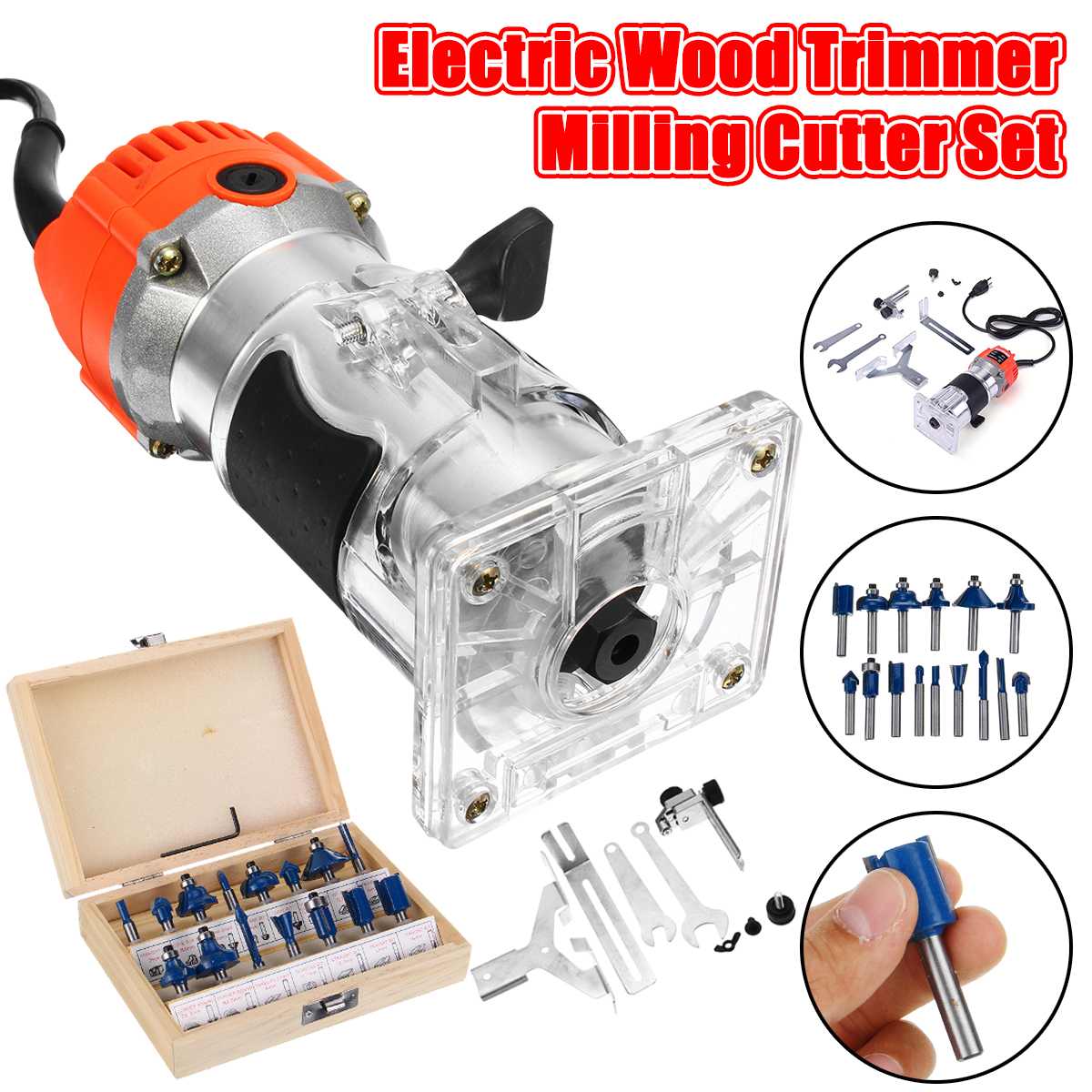 1200W 220V Electric Wood Trimmer Laminator 35000r/min Router Joiners Tool Set Aluminum+15pcs 6.35mm Collet Diameter Wood Router