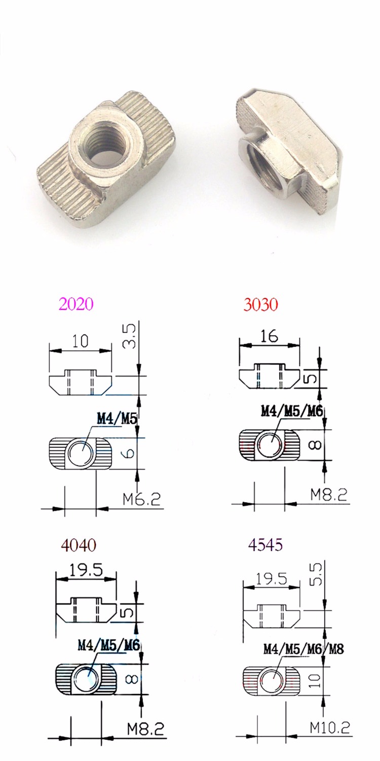 100pcs M3 M4 M5 Nickel Plated T nut Hammer Head Fasten Nut for Aluminum Extrusion Profile 2020/3030/4040/4545 series