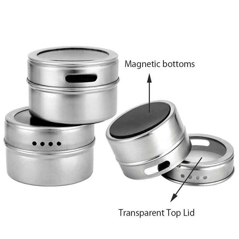 12pcs/set Clear Lid Magnetic Spice Tin Jar Stainless Steel Spice Sauce Storage Container Jars Kitchen Condiment Holder Housewa