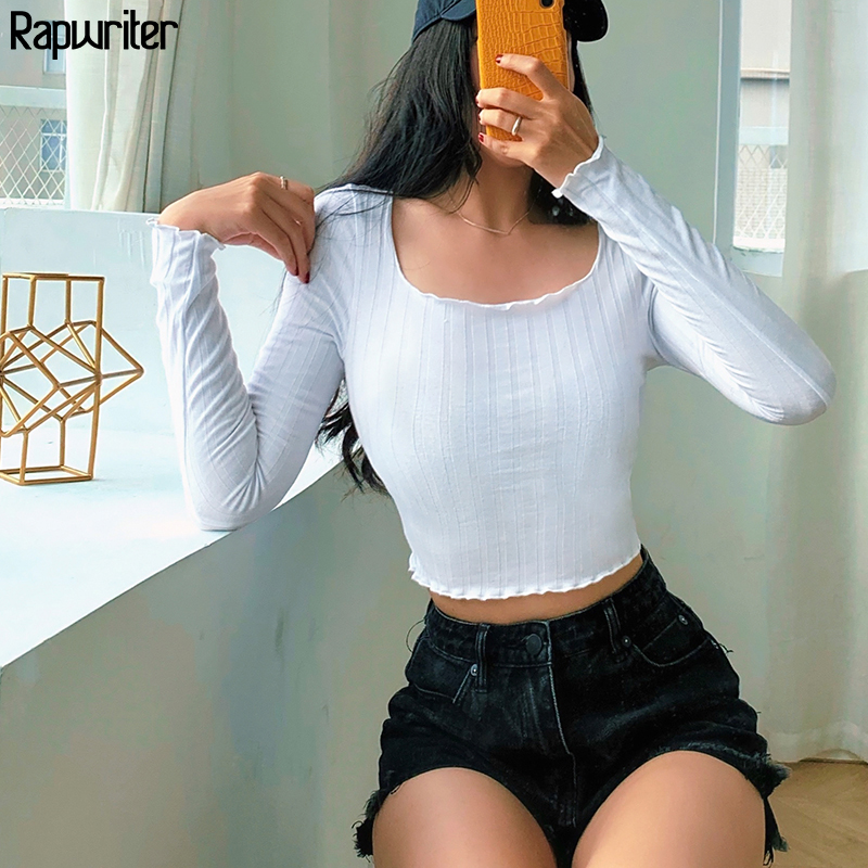 Casual Solid Knitted Ribbed Elastic Basic Cropped T-Shirt Women 2020 Autumn Harajuku Square Collar Long Sleeve T Shirt y2k Top