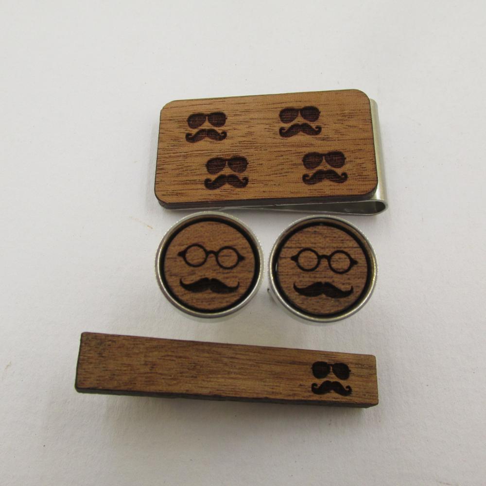 Laser Engrave Wood Cuff Links Tie Clip Moustache And Glasses Cufflinks Men Accessories Father's Clothing Gift
