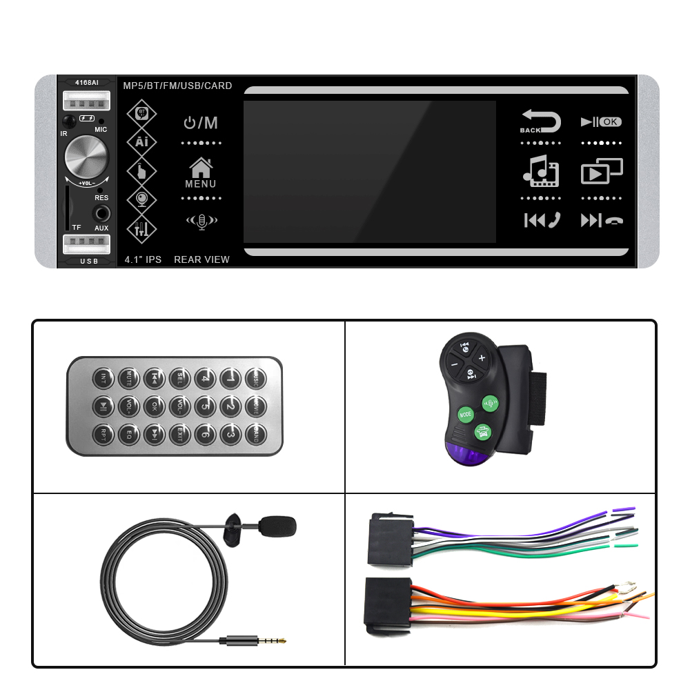 Podofo 1Din Car Radios MP5 Player 4 Inch Touch Screen AI Voice Assistant 4168 With Square Remote Control Microphone RDS Stereo