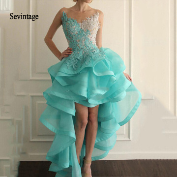 Sevintage 2020 Blue High Front and Low Back Cocktail Dresses Illusion Neck Organza Lace Appliques Ruffle Beads Homecoming Gowns