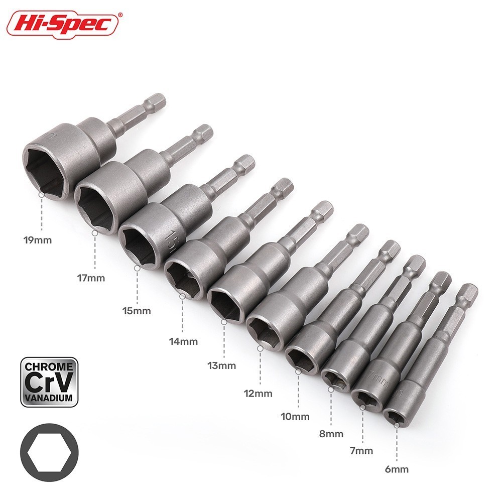 Hi-Spec 10pc Magnetic Power Nut Driver Drill Bit Set 65mm 6-19mm Hex Shank Socket Set Screwdriver Nut Driver Impact Drill Bits