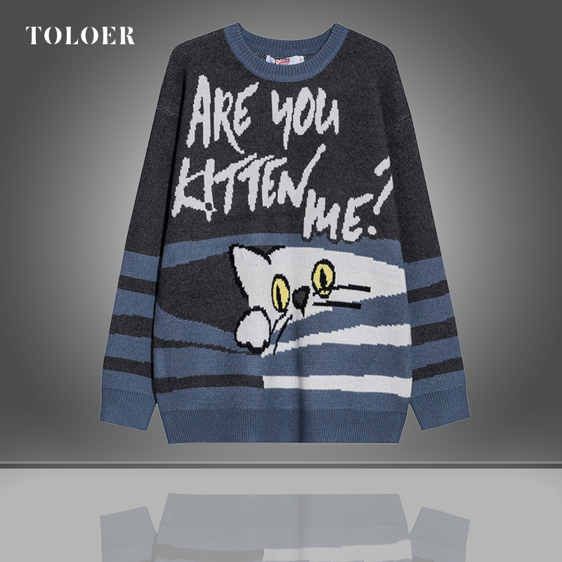 Men Sweater Cartoon Funny Cat Print O-Neck Pullover Sweaters Mens Soft Casual Trendy Fashion Autumn Streetwear Kitten Pattern