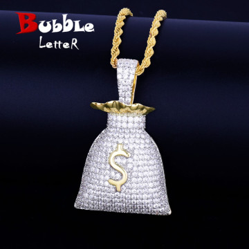 US Dollar Money Bag Pendant With Tennis Chain Gold Color Bling Cubic Zircon Men's Hip hop Necklace Jewelry For Gift