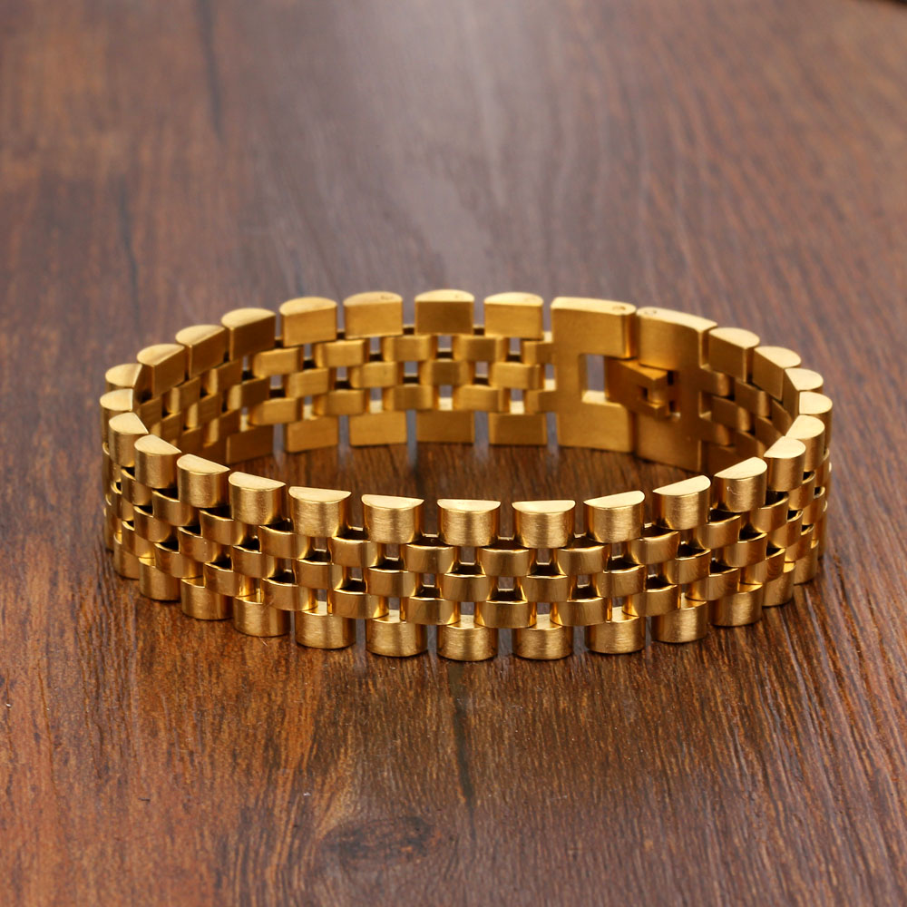 Luxury Gold Color Stainless Steel Bracelet 200mm Wristband Men Jewelry Bracelets Bangles Gift for Him (JewelOra BA101608)