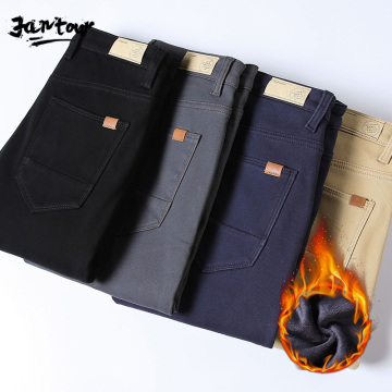 4 color Men's winter Fleece Fluff Thicken warm Casual Pants men Business Straight Elastic Thick Khaki 98% cotton trousers male