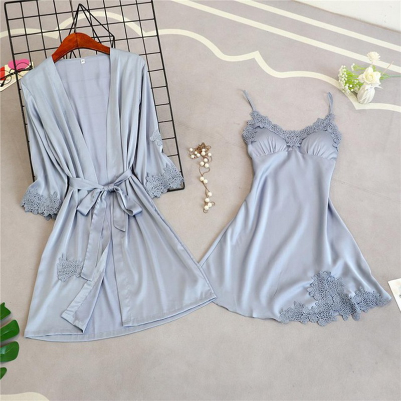 Women Pajamas 2 Pieces Satin Sleepwear Pijama Silk Home Wear Home Clothing Embroidery Sleep Lounge Pyjama with Chest Pads