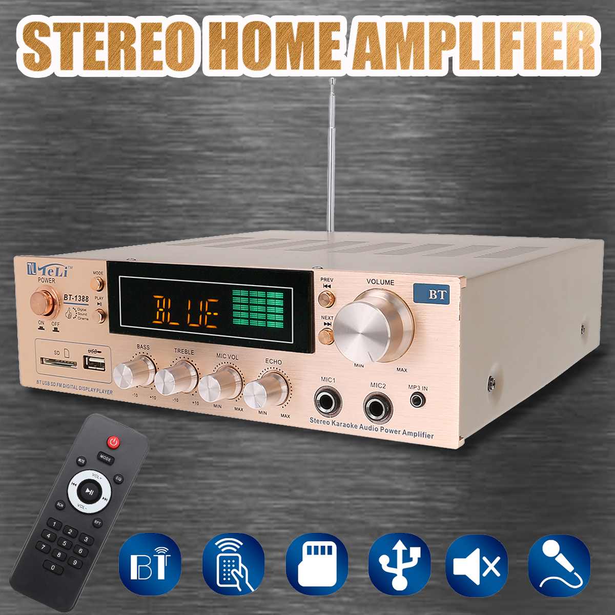 800W HIFI 2 Channel Home Bluetooth Stereo Amplifier Karaoke FM Radio USB SD Power Home Theater Amplifiers with Remote Controller