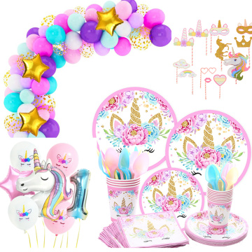 Unicorn Birthday Party Decor Disposable Tableware Kit Unicorn Balloon Cups Plates Napkin tattoo Kids Girl Birthday Bachelorette