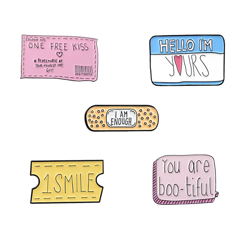 Sweet Band-aid Pins Pink Yellow Blue Coupon One Free Kiss You Are Boo-tiful 1 Smile Ticket Hello I'm Yours Dialog Badge Brooches