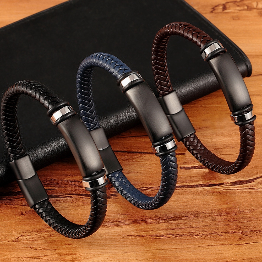 TYO Custom Stainless Steel Black Matte Metal Charm Men's Handmade Braided Real Leather Boyfriend Bracelet with Magnetic Clasp