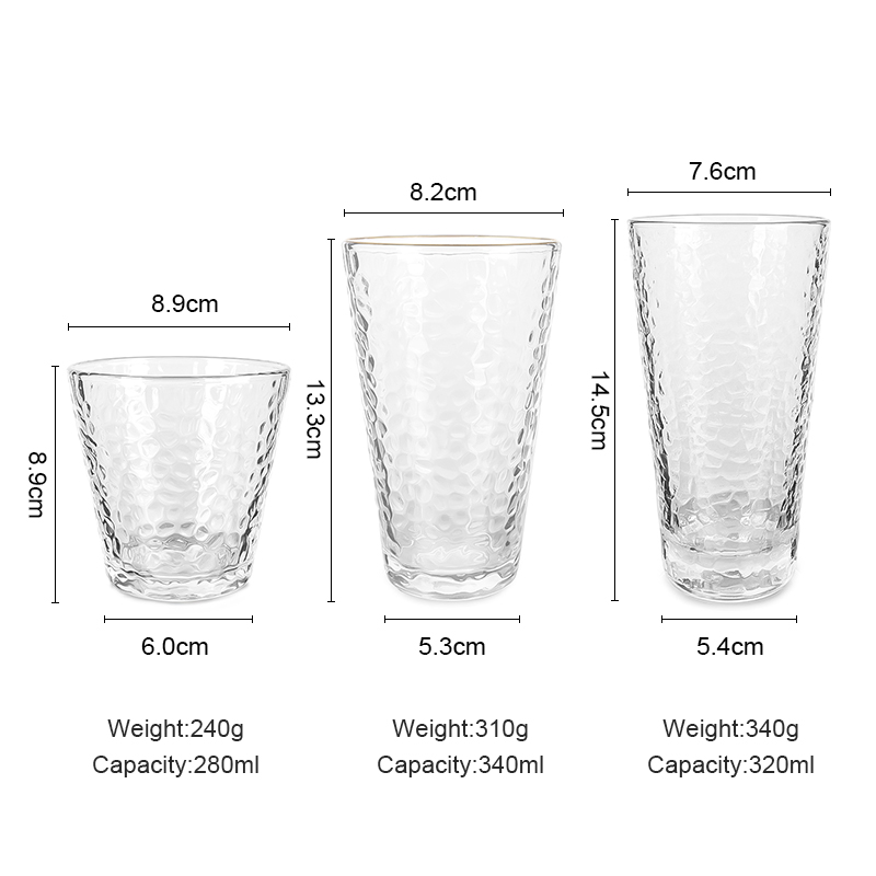 280ml 320ml 340ml Hammer Texture Glass Cup With Gold Rim