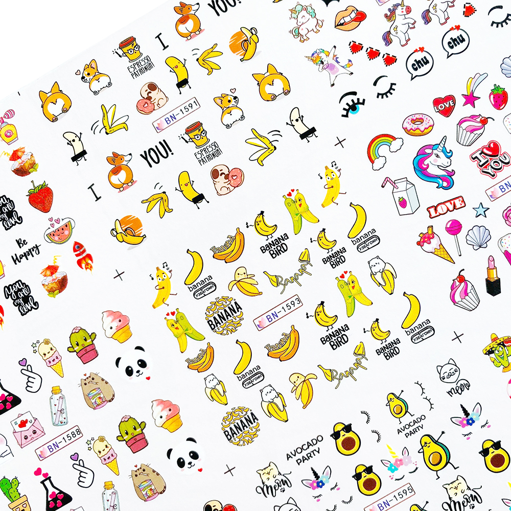 12pcs Cute Cartoon Nail Stickers Water Decals Banana Fruit Character ransfer Slider Nail Art Tattoo Manicure Foil Wraps 2020 New