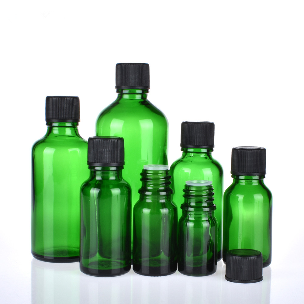 6pcs/lot 100ml 50m 30ml 20ml 15ml 10ml 5ml 1/3oz 1oz Thick Green Essential Oil Glass Bottles With Black Cap Glass Containers