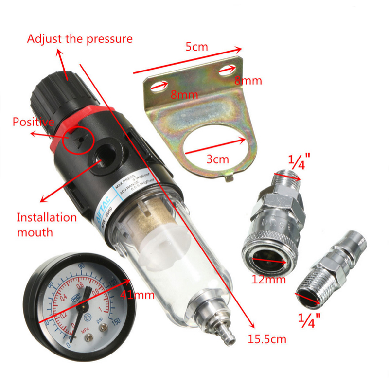 AFR-2000 1/4" Air Compressor Filter Oil Water Separator Trap Tools Kit With Regulator Gauge Light Weight Filter Particles