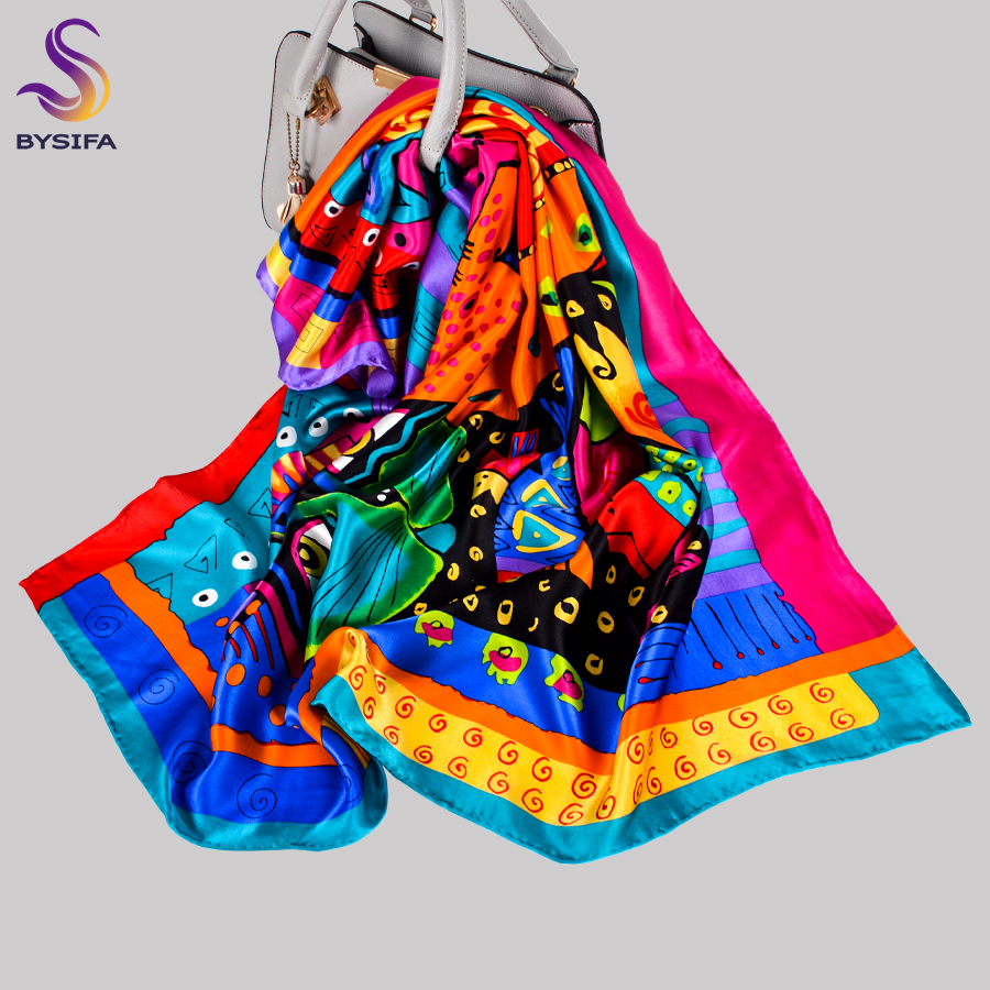BYSIFA|Brand Colorful Pure Silk Women Square Scarves New Cat Fish Design Muslim Hijabs Fall Winter 100% Real Silk Scarf 90*90cm