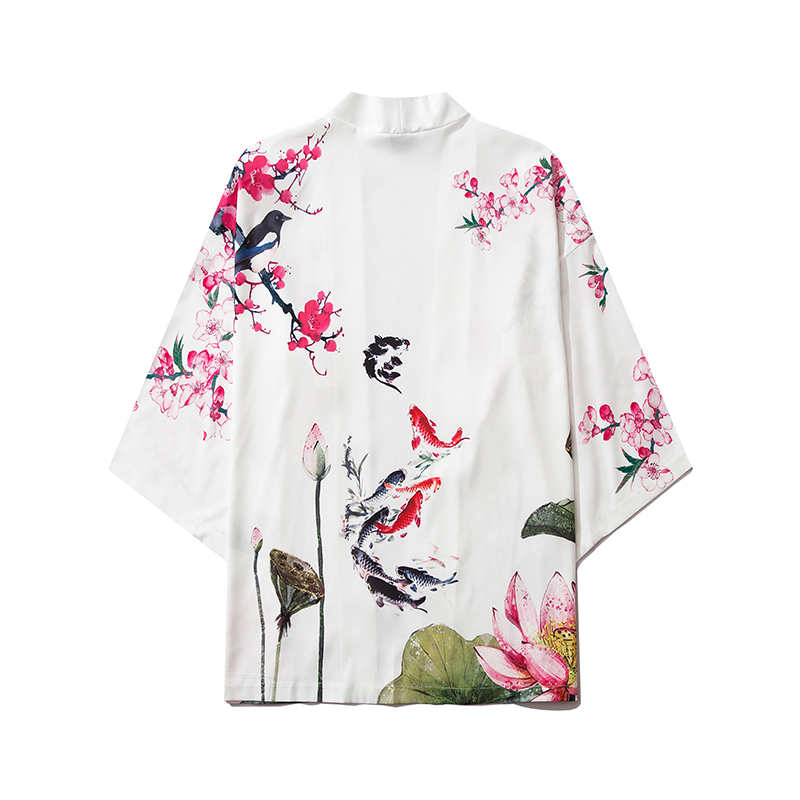 Bebovizi Chinese Style Lotus Carp Print Kimono Women Cardigan Yukata Japanese Streetwear Men Loose Tradition Polyester Clothing