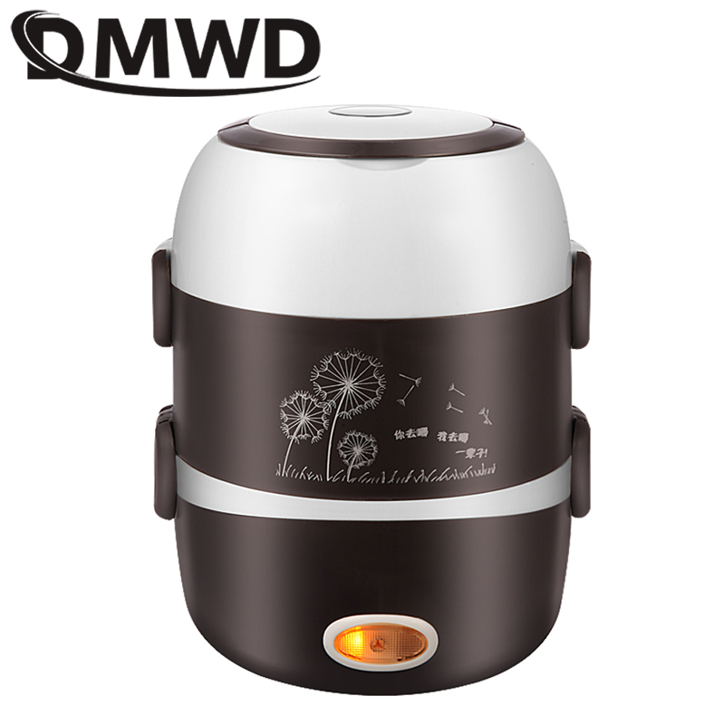 DMWD Portable Electric Heating Lunch Box Mini Rice Cooker Stainless Steel 3 Layers Food Steamer Picnic Meal Container Warmer EU