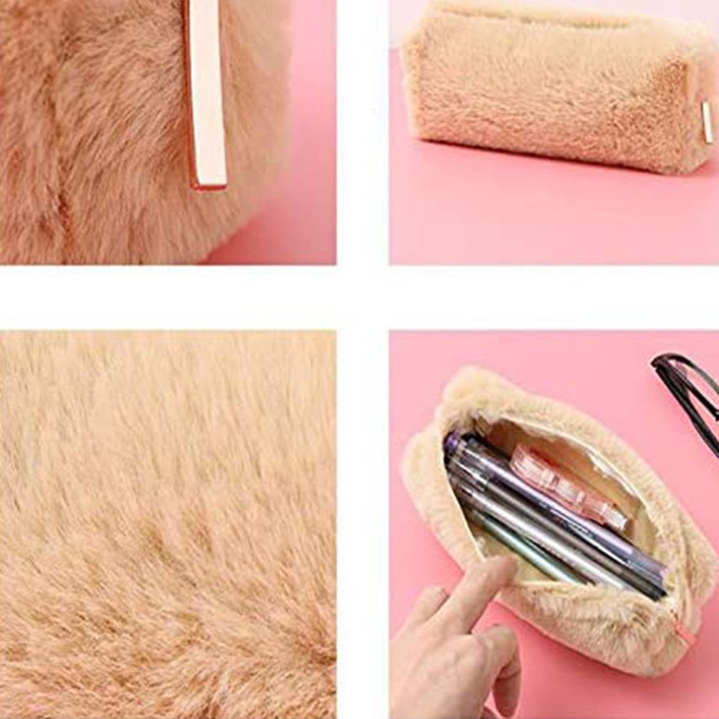 AQ Fashion Cute Cartoon Plush Fuzzy Fluffy Pencil Case Cosmetic Stationery Storage Box Supply For Kids Student Tool