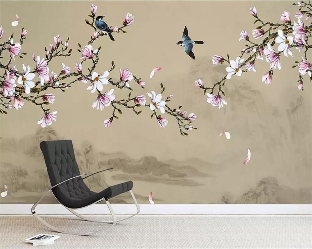 Beibehang Wallpaper mural magnolia hand-painted meticulous flower and bird TV background wall decorative painting 3d wallpaper