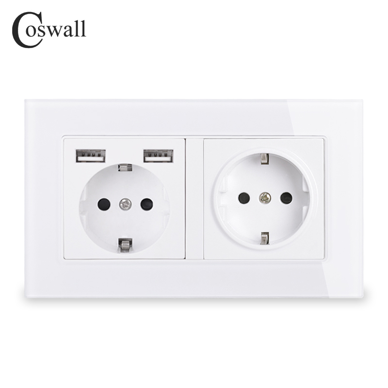 COSWALL Russia Spain EU Standard Wall Socket USB Charge Port Crystal Glass Panel Black White Grey C1 Series Full Range