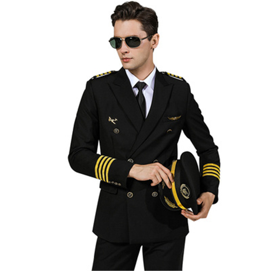 New Captain Airline Pilot Costume Army Uniform Coat+Pants Black Professional Workwear Suit Plus Size For Handsome Gentleman