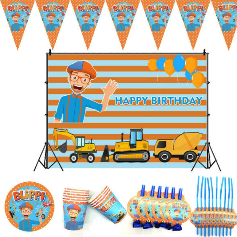 Blippi Birthday Party Decoration Party Supplies Disposable Paper Cup Plate Napkin Banner Straw Kid Toy Boy Balloon Tableware Set