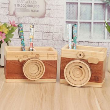 Creative Retro Camera Shaped Pen Holder Original Wooden Learning Stationery Double Layers Large Pen Holder Ornaments