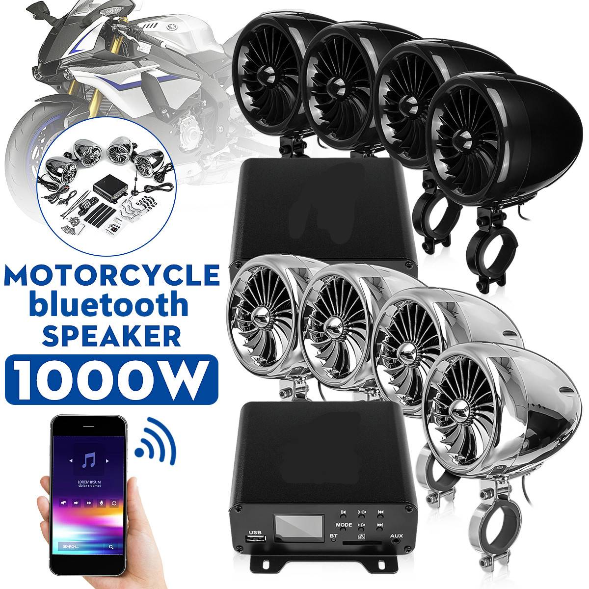 1000W Audio Amplifier Stereo With 4 Speakers Waterproof bluetooth For ATV UTV Motorcycle Electric Bike Marine Boat
