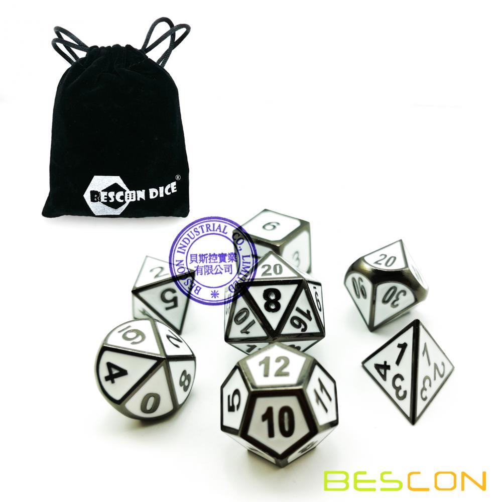 Bescon Deluxe Glossy Black and Elegant White Enamel Solid Metal Polyhedral Role Playing RPG Game Dice Set of 7