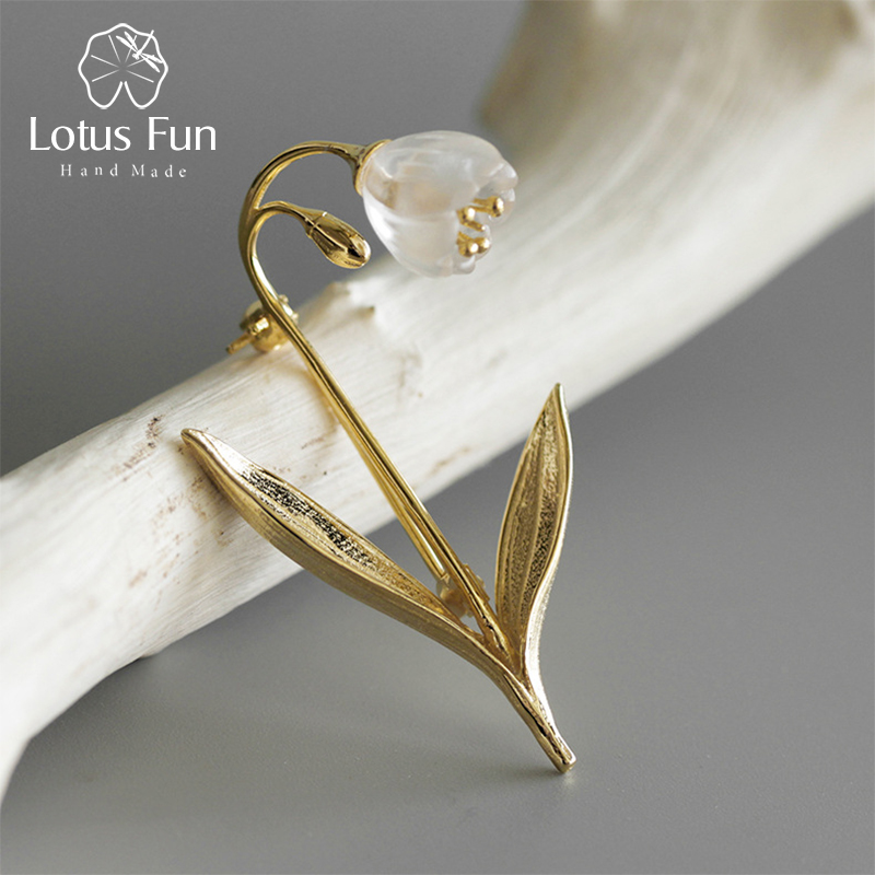 Lotus Fun Real 925 Sterling Silver Handmade Fine Jewelry Natural Crystal Lily of the Valley Flower Brooches for Women Bijoux