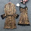 Sexy Lace Spaghetti Strap Satin Pajamas Sets Women Leopard Sleepwear Silk Home Wear Pijama Sleep Lounge Pyjama Nightwear