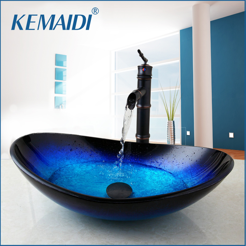 KEMAIDI New Waterfall Spout Basin Black Tap+Bathroom Sink Washbasin Tempered Glass Hand-Painted Bath Brass Set Faucet Mixer Taps
