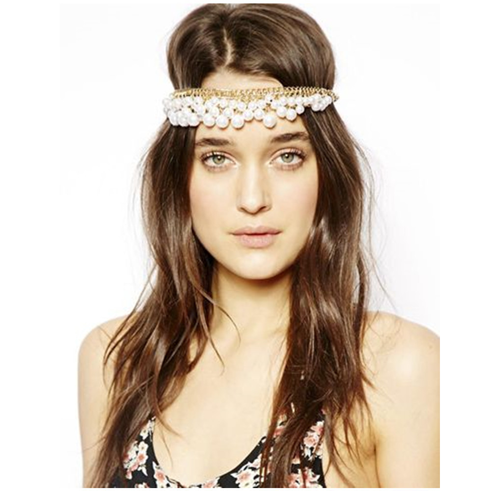 Ins Pearl Tassel Forehead Headband Wedding Bridal Hair Chain Headpiece for Women Vintage Metal Head Chain Headwear Hair Jewelry