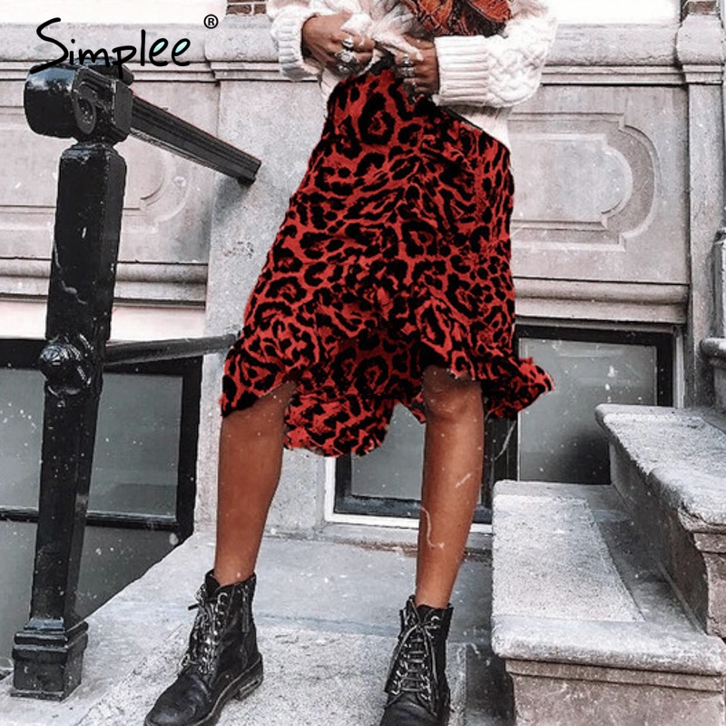 Simplee Sexy leopard midi pencil skirt women Autumn high waist ruffle red girl skirts 2018 Vintage female korean winter skirt