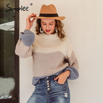 Simplee Casual contrast colour loose women sweater Pile-neck lantern sleeves pullover ladies Elegant autumn winter warm jumper