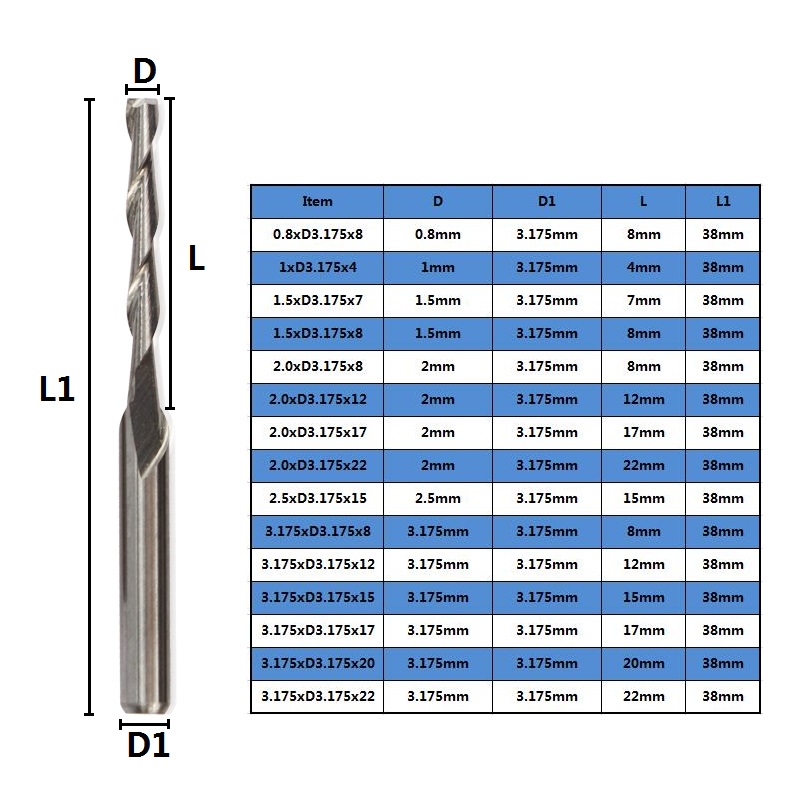 XCAN 10pcs 3.175 Shank 2 Flute Flat End Mills Spiral CNC Router Bit for Engraving Flat Milling Cutter 0.8/1/1.5/2.0/2.5/3.175mm