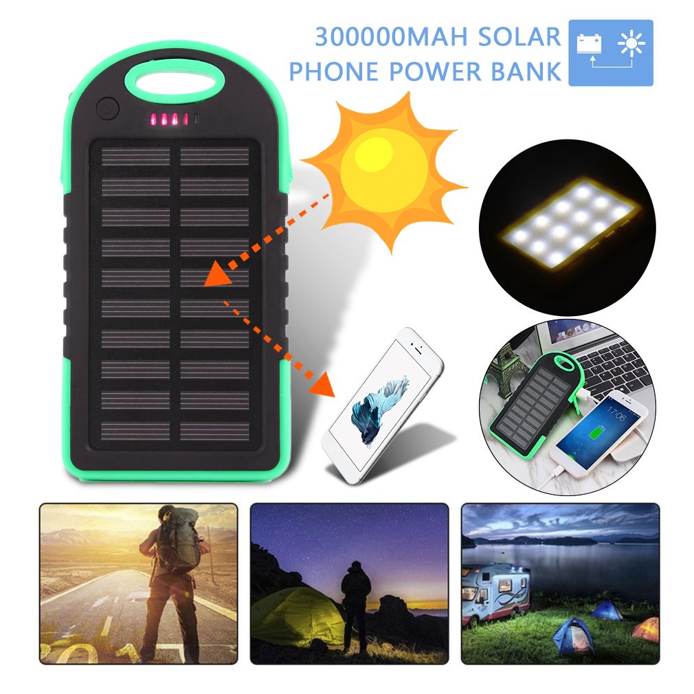 Dual USB Port Outdoor Camping LED Light 300000mAh Solar Power Bank Mobile Phone External Battery Charger