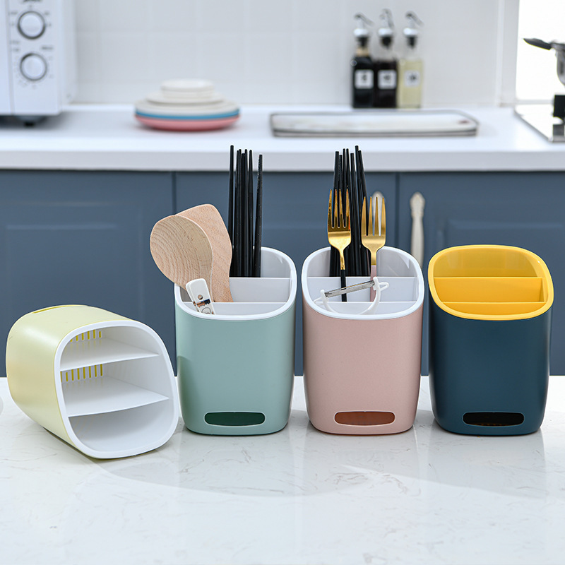 Kitchen three-cell drain chopstick cage creative double-layer tableware rack knife fork spoon storage rack chopstick holder