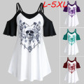 Plus Size Fashion Skull Flower Print Blouse Off Shoulder Tops Tee Casual Summer Ladies Female Women Short Sleeve Blusas Pullover