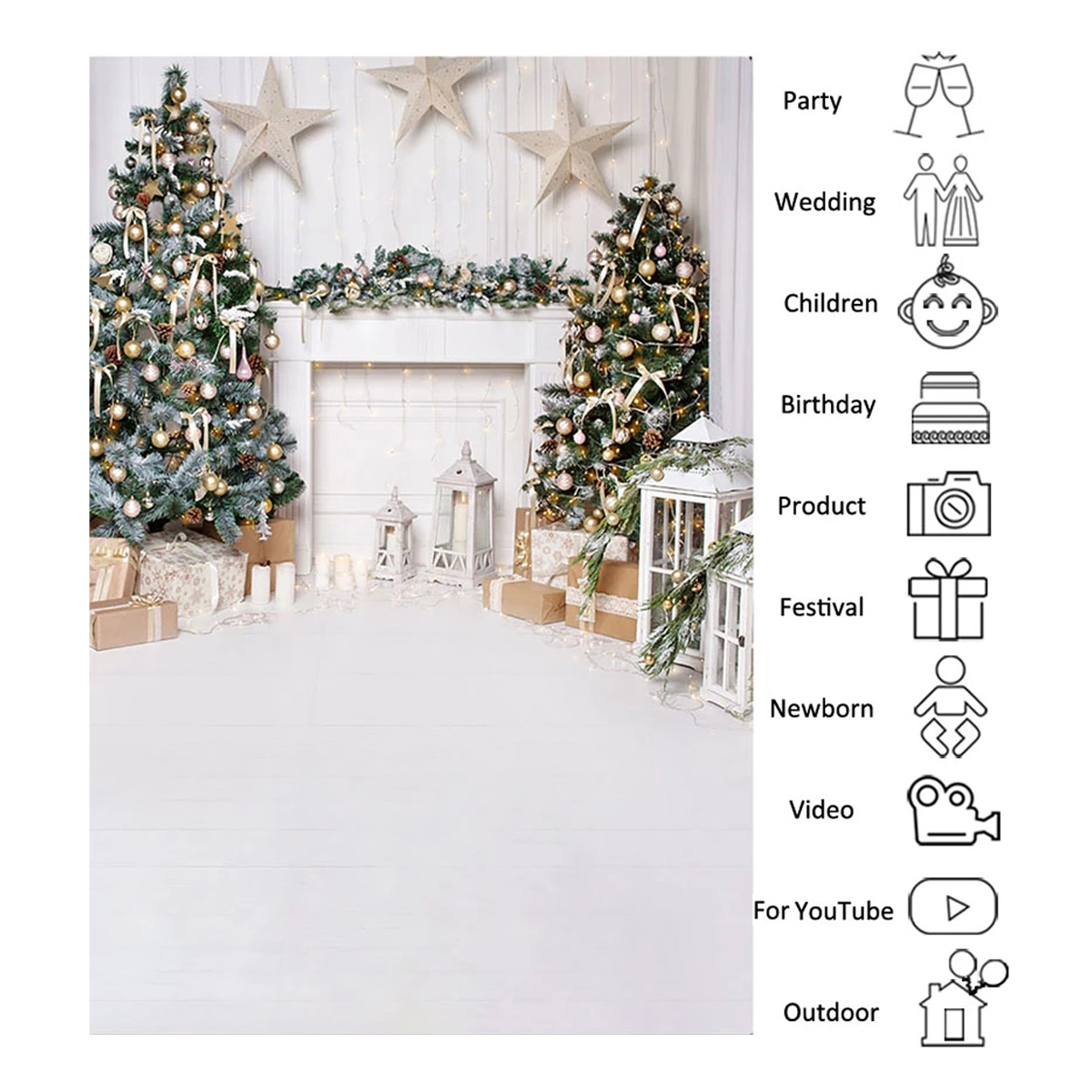 2020 Christmas White Fireplace StarsPhotography Background Waterproof Backdrop Wall Cloth 180x270cm/150x210m/90x150cm