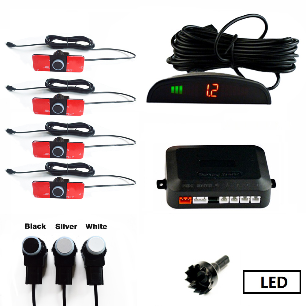 SINOVCLE Car Parking Sensor Set LED/LCD/Buzzer 4 Flat Reverse Display Parking Sensor Kit 16mm 12V Backup Radar Monitor System