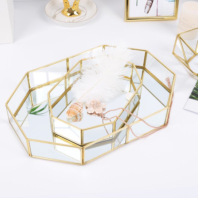 Brass Storage Tray Golden Polygon Glass Snack Plate Makeup Jewelry Plate Home Kitchen Decor