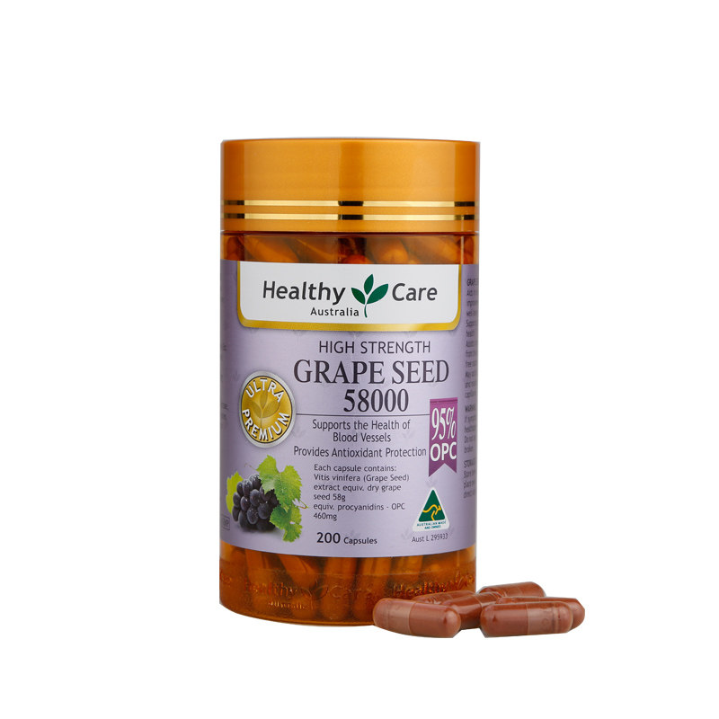 Healthy Care Grape Seed 58000mg 200Tabs Collagen Formation Antioxidant VitaminC Free Radical Damage Skin Health Relieve Swelling