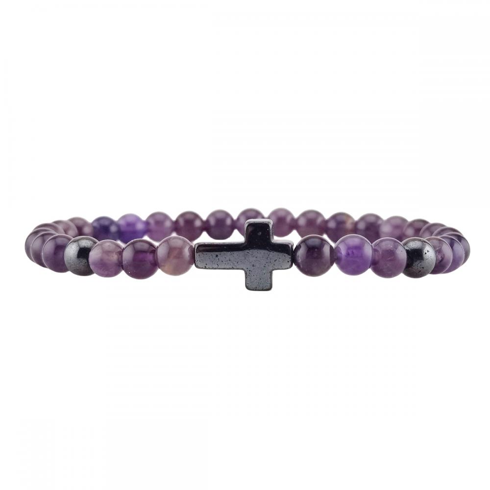 Gemstone 6mm Round Beads With Hematite Cross Pendant Bracelet Natural Stone Crystal Stretch Charm Bracelet for Men Women