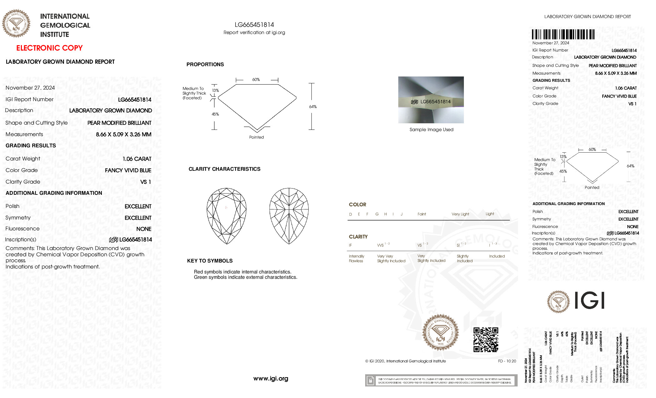 IGI report for pear fancy vivid blue lab grown diamond