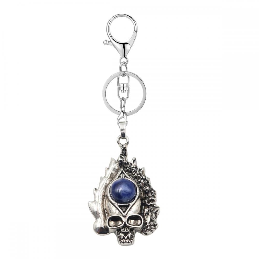 Gemstone Crystal CAB Silver Skull Stone KeyChains Natural Stone Skeleton Key Ring Alloy Skull Key Chains for Birthday Gift