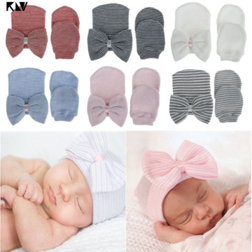 Newborn Baby Hat and Mitten Set Cotton Knit Big Bow Hat Soft Cute Knot Breathable Warmer Cap Anti Scrach Gloves Infant Bonnet